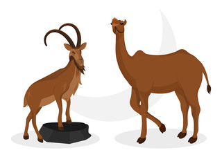 Animal character of goat and camel standing on white background.