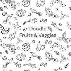 Black doodle style fruit and veggies background.