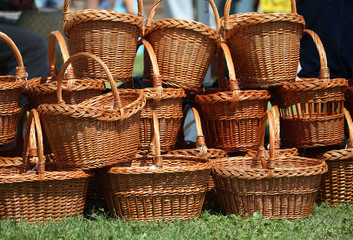 Heap of handmade wicker work basket in market