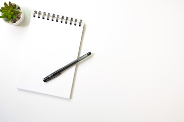 Flat lay, top view office table white desk. Workspace with notepad, pen, green leaf, and coffee cup on white background.