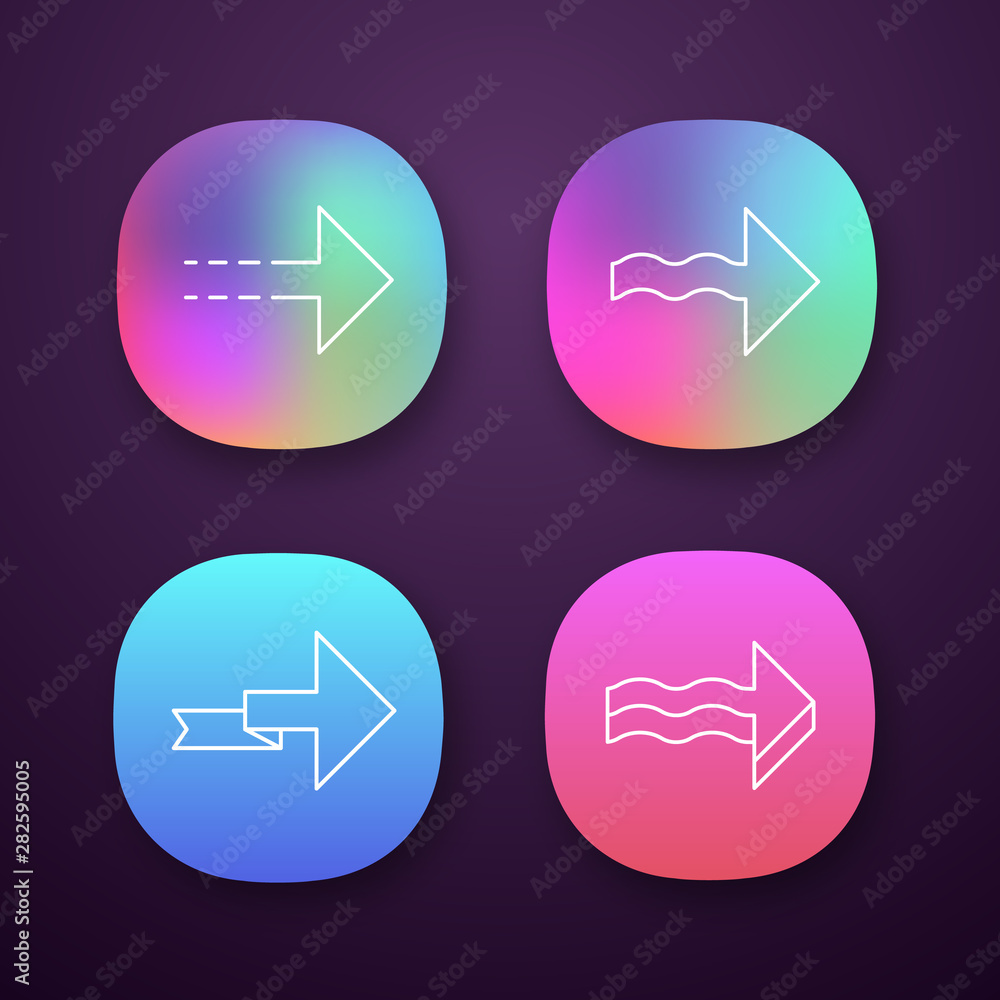 Poster forward arrows app icons set. dotted, wavy, folding next, forward arrows. rightward direction. arrow
