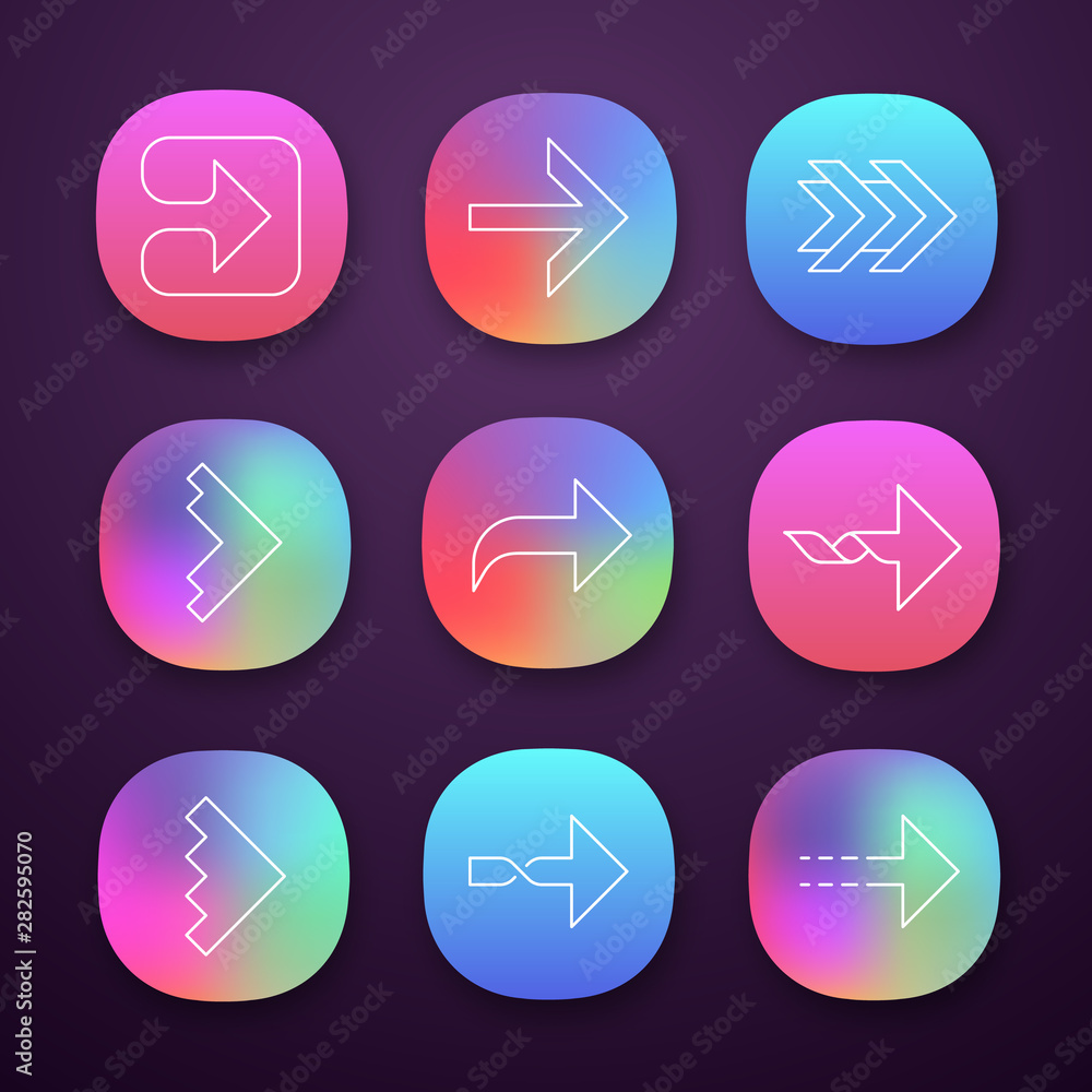 Poster right arrows app icons set. forward, curved, dotted, twisted next, forward arrows. arrowhead indicat