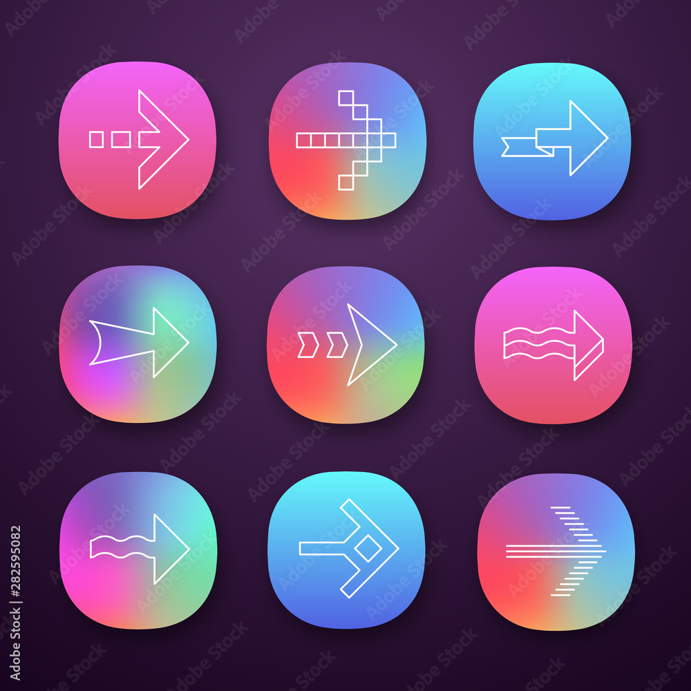 Sticker Right arrows app icons set. Wavy, pixel, folding, striped, dashed next arrows. Navigation pointer, indicator sign. UI/UX user interface. Web or mobile applications. Vector isolated illustrations