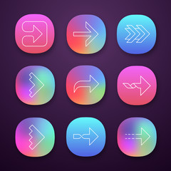 Right arrows app icons set. Forward, curved, dotted, twisted next, forward arrows. Arrowhead indicating rightward. UI/UX user interface. Web or mobile applications. Vector isolated illustrations