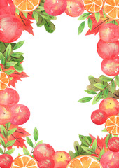 Apples and slice of orange with autumn leaves watercolor hand painting for decoration on autumn events.