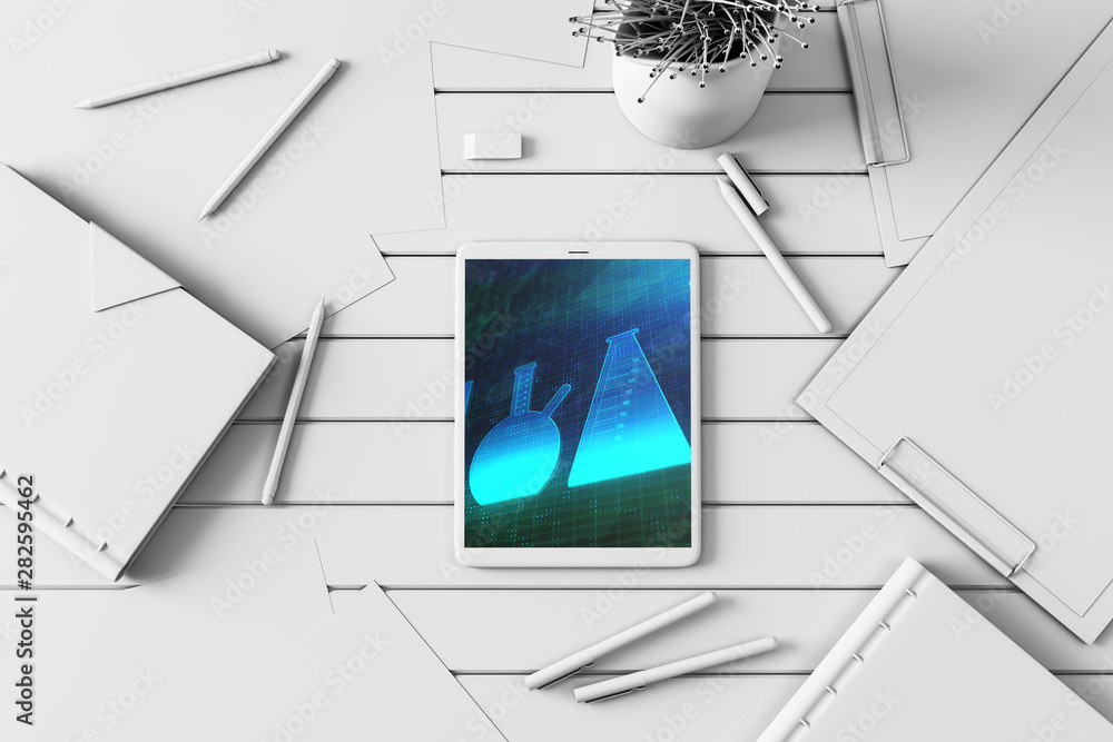 Poster digital tablet closeup top view with flasks pic on screen. education concept. 3d rendering.