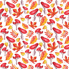 Watercolor seamless background. Red, bright fly agarics in leaves on a white watercolor background. Forest mushrooms. Mystical, fabulous, fun style. Bright hand-drawn background for packaging,
