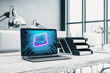 Desktop interior with computer, table and chair. Data theme brain drawing on screen. 3d rendering.