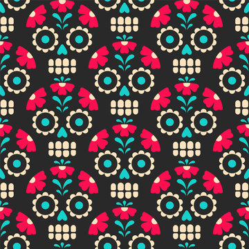 Dia de los Muertos pattern. Vector seamless pattern with traditional Mexican sugar skulls in trendy flat style. Isolated on black background.