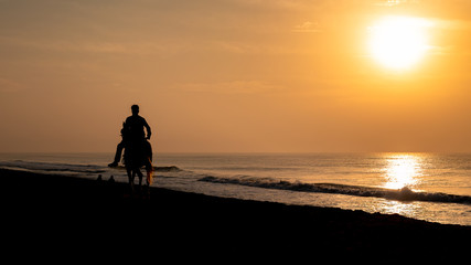 Silhouette of horse with its owner at the beach of Puri,India.