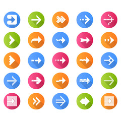 Arrow types flat design long shadow glyph icons set. Wavy, notched arrowheads. Dotted, twisted, dashed next arrows. Right pointing sign. Navigation symbol. Vector silhouette illustration