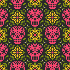 Dia de los Muertos. Vector seamless pattern with Mexican sugar skulls and flowers. Isolated on black background