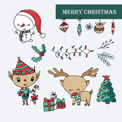 Vector illustration of cute Christmas icons with snowman, ornaments, rain deer, and elf.