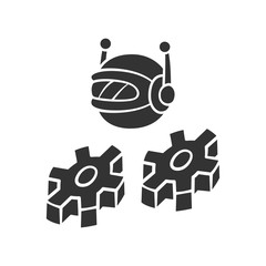 Fototapeta premium Work bot glyph icon. Software application. Optimizer robot with cogwheels. Artificial intelligence. Innovation machine learning, AI. Silhouette symbol. Negative space. Vector isolated illustration