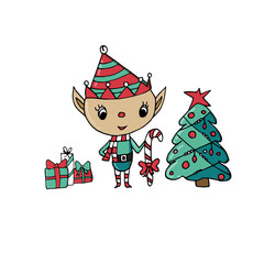 Merry Christmas greeting card template with cute christmas elf on isolated white background.