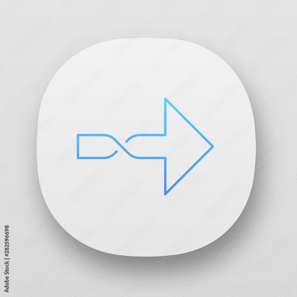 Poster twisted arrow app icon. direction arrowhead, cursor. arrow indicating rightward. next. motion signpo