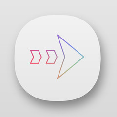 Dashed arrow app icon. Arrowhead showing right shift, direction. Rightward arrow. Navigation pointer, indicator. Next. UI/UX user interface. Web or mobile applications. Vector isolated illustrations