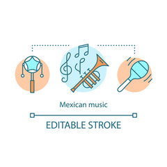 Mexican music concept icon. South American traditional music. Pellet drum, maraca, trumpet. Wind and noise instruments idea thin line illustration. Vector isolated outline drawing. Editable stroke