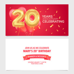 20 years anniversary invitation vector illustration. Design template card
