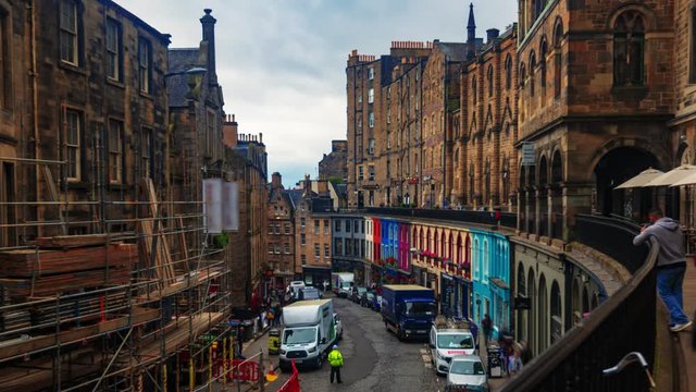 Time lapse view of colourful Victoria street in Edinburgh old town