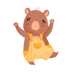Humanized little bear is standing on one leg. Vector illustration on white background.