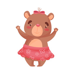Humanized little bear girl stands with her arms raised. Vector illustration on white background.