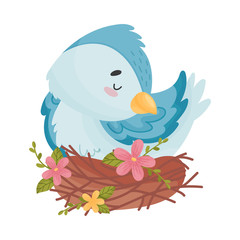 Cartoon bird sleeping in the nest. Vector illustration on white background.