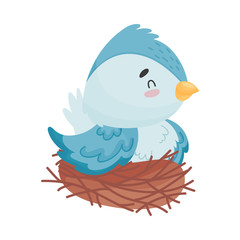Cartoon bird sitting nest. Vector illustration on white background.