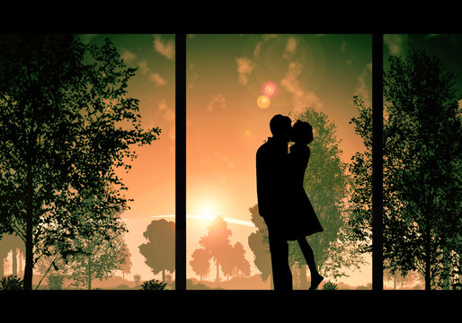 Digital Drawing Of A Couple Kissing On A Colorful Sunset View From The Window