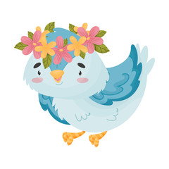 Cartoon blue bird with a wreath. Vector illustration on white background.