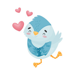 Cartoon blue bird in love. Vector illustration on white background.