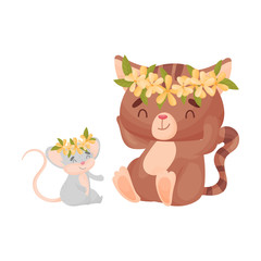 Cute friendly cat and mouse with wreaths on his head. Vector illustration on white background.