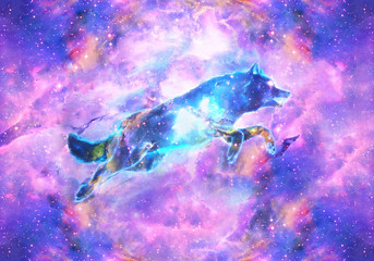 Abstract Artistic Digital Paint Of A Colorful Wolf In a Nebula Background