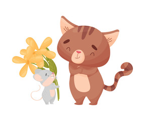 Cartoon mouse gives a bouquet to a cat. Vector illustration on white background.