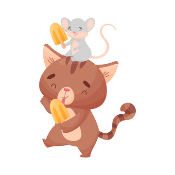 Cute friendly cat and mouse eat ice cream. Vector illustration on white background.