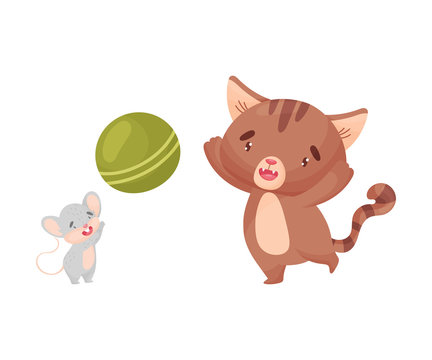Cartoon mouse and cat play ball. Vector illustration on white background.