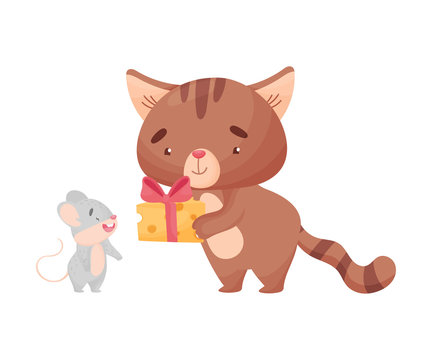 Cat gives a gift to the mouse. Vector illustration on white background.