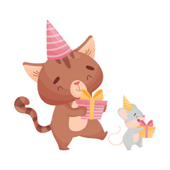 Cartoon mouse and cat with gifts. Vector illustration on white background.