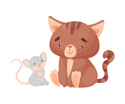 Cartoon cat and mouse are sitting. Vector illustration on white background.