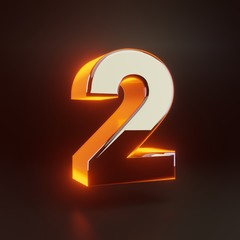 3d number 2. Glowing glossy metallic font with orange lights isolated on black background.