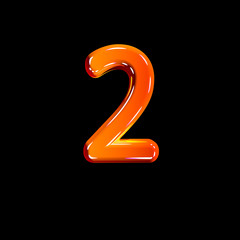 Red glossy plastic font - number 2 isolated on black, 3D illustration of symbols