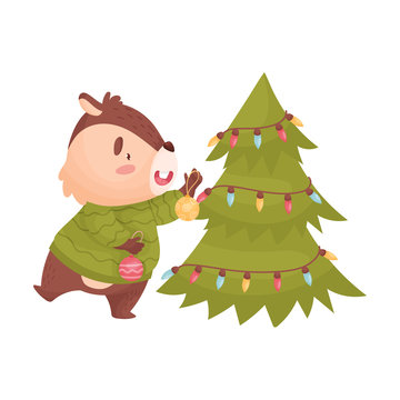 Cartoon chipmunk decorates the Christmas tree. Vector illustration on white background.