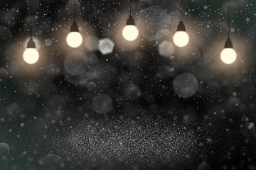 Fototapeta na wymiar beautiful bright glitter lights defocused bokeh abstract background with light bulbs and falling snow flakes fly, festival mockup texture with blank space for your content