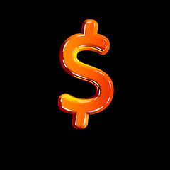 Red glossy plastic alphabet - dollar - peso sign isolated on black, 3D illustration of symbols