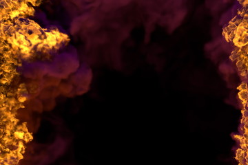 Fire 3D illustration of mysterious burning explosion frame isolated on black background with heavy smoke - top and bottom are empty, fire lines from sides left and right