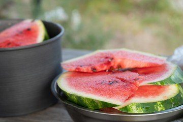 sliced watermelon on a plate on a sunny day