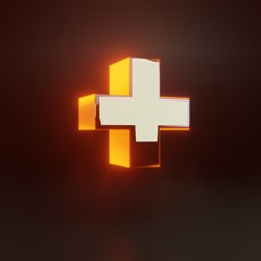 3d plus symbol. Glowing glossy metallic font with orange lights isolated on black background.