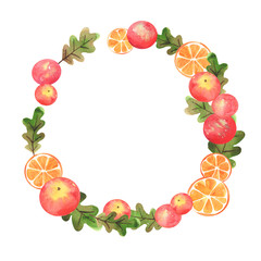 Apples and slice of orange with autumn leaves watercolor hand painting for decoration on autumn events.