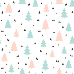 Obraz premium Christmas trees seamless pattern. Vector childish scandinavian background. For fabric, wallpaper design