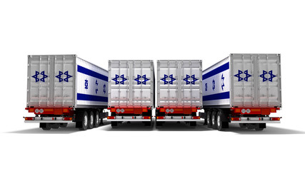 Concept of importing goods from Israel by trailers dump trucks 3d render on white background with shadow
